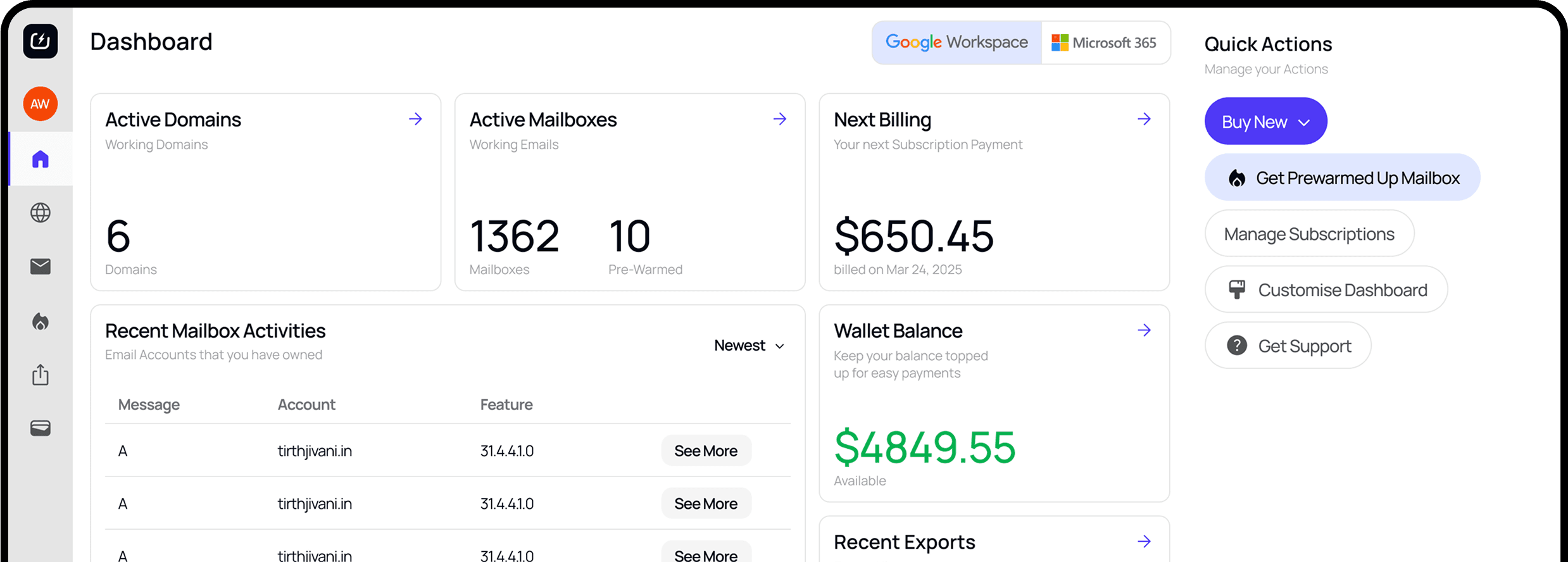 Coldmails.ai Dashboard — manage domains, mailboxes, and billing in one place